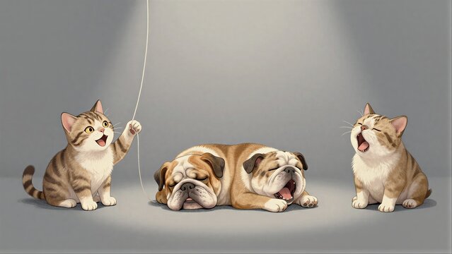 Two cats and a dog under spotlight, one playing with yarn.
