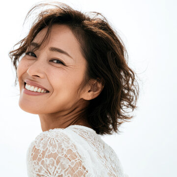 In a pose, a Japanese woman stylish outfit and powerful expression highlight her graceful posture and elegant silhouette, merging fashion with beauty.