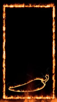 Vertical Flaming Border with Burning Chili Pepper Outline on Black