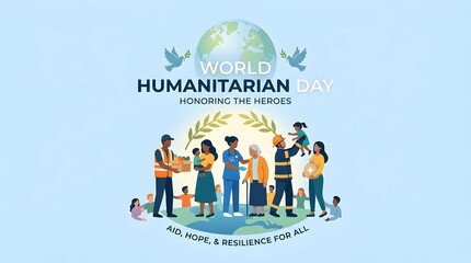 Fototapeta premium World Humanitarian Day Vector Illustration with Volunteers Hugging Planet Earth, Heart Hand Gesture, Peace Dove, Food Crate, and Medical First Aid Box