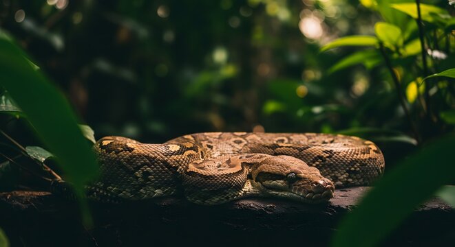 Brown Python Snake Resting in Lush Green Jungle Environment