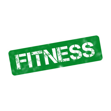 Green fitness rubber stamp on white background, distressed grunge fitness icon, textured athletic training label