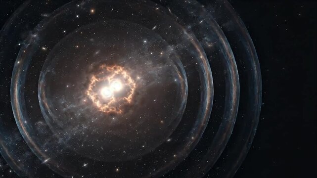 Cosmic gravity wave ripple space explosion galaxy star field circle energy ring abstract deep universe art dramatic light mysterious mood glowing sphere expansion background science fantasy glow