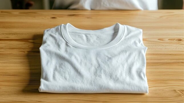 Hands Folding Clean White Blank T-Shirt Carefully on Wooden Table Background
