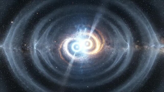 Cosmic binary star gravity wave collision in deep space astronomy galaxy nebula science background with swirling energy spiral light ring explosion and dramatic universe vision