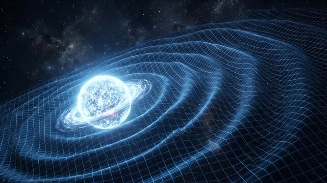 Gravity wave space universe science abstract blue energy ripple cosmic physics visualization, space time grid background, futuristic deep blue cosmic night sky orbit pattern