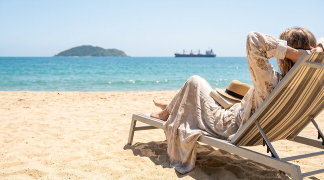 Woman relaxing and sunbathing on a comfortable beach chair, golden sandy shore, sunny tropical vacation atmosphere