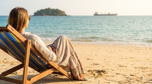 Woman relaxing and sunbathing on a comfortable beach chair, golden sandy shore, sunny tropical vacation atmosphere