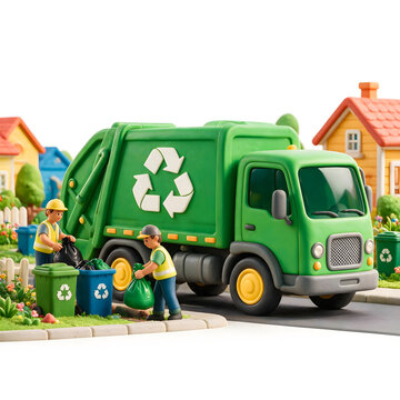 Charming 3D clay-style recycling scene featuring workers, green garbage truck, colorful sorting bins, plastic bottles, household waste, and a clean residential neighborhood.