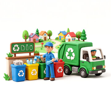 Cute 3D recycling collection scene featuring workers, green garbage truck, colorful recycling bins, recyclable materials, suburban houses, and environmental sustainability concept for educational proj