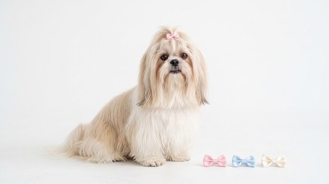 shih tzu dog with a pink hair bow sitting next to three colorful bows on the floor