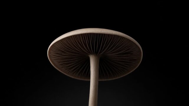 Cinematic macro mushroom fungus single object underside against dark background creating dramatic minimal nature art composition with focus delicate gill detail smooth stem texture organic texture