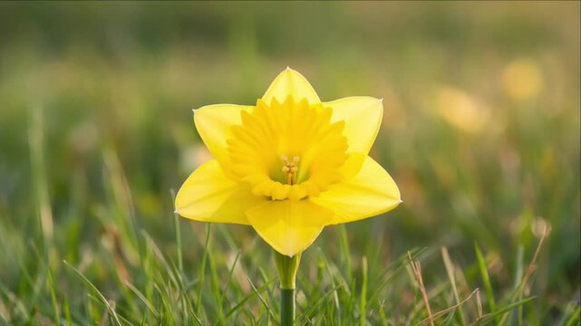 Cinematic single object macro background yellow daffodil flower bloom detail in soft meadow grass bokeh field serene nature spring mood with gentle light and dreamy atmosphere