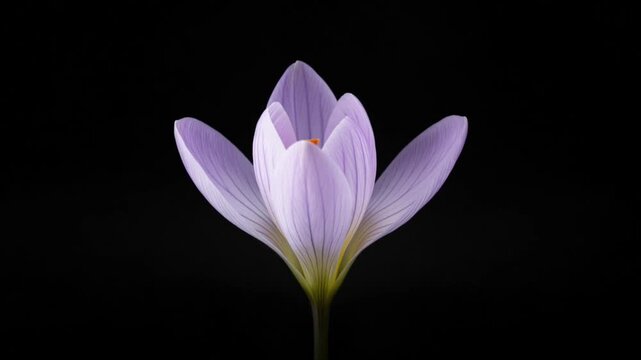 Cinematic macro purple flower crocus single object with soft petal detail pollen and stamen focus on dark black background elegant minimal bloom portrait nature art tranquil contrast
