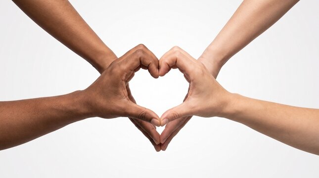 Multiple hands of different skin tones gracefully join together to form a beautiful heart shape, symbolizing unity, love, and interconnectedness in a harmonious gesture, against a clean white backdrop