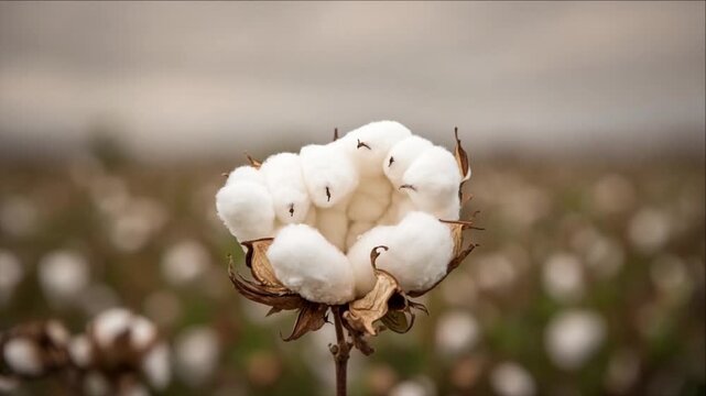 Cinematic cotton plant macro single object focus with soft fiber detail natural field agriculture scene, fluffy white boll against blurred background and cloudy sky creating calm serene countryside