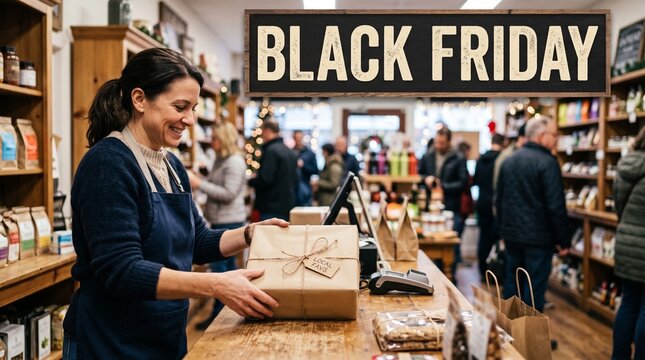 Smiling shopkeeper hands a wrapped gift with Local Favs tag during Black Friday sale event