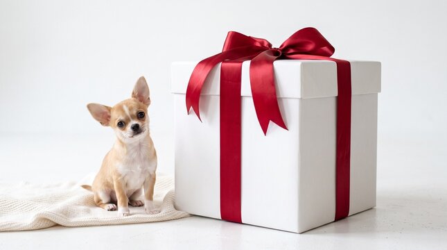 small chihuahua puppy sitting next to a large white gift box with a beautiful red ribbon bow