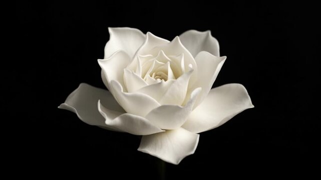 Cinematic single white rose flower macro object with soft petal texture and bloom detail against dark background creating elegant minimal floral art contrast and romantic mood