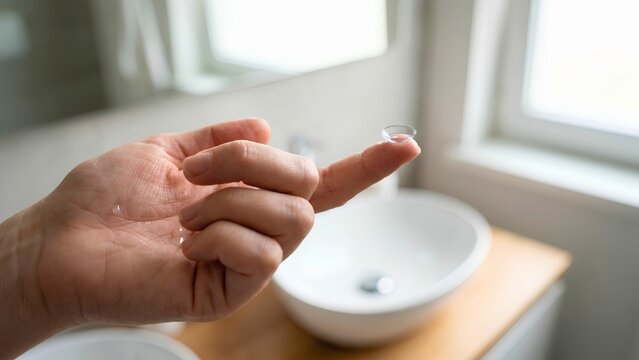 Person holding a clear contact lens on their fingertip in a bathroom setting