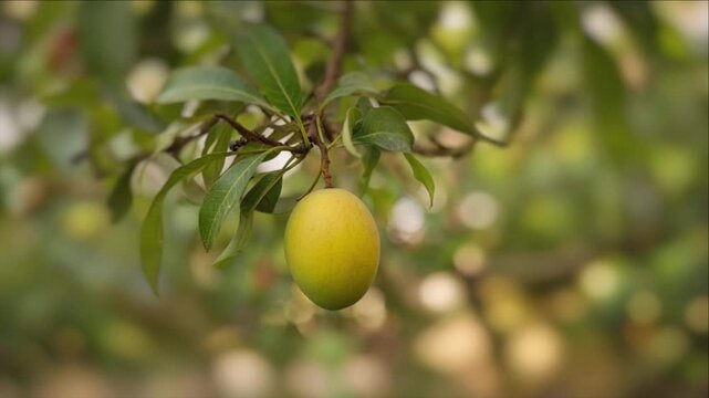 Cinematic single object macro mango fruit hanging tree branch with green leaf foliage and soft background blur bokeh peaceful tropical garden nature outdoor scene capturing calm fresh fruit growth