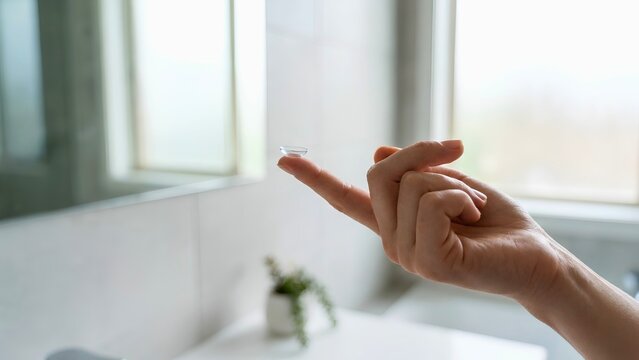 Person holding a clear contact lens on their fingertip in a bathroom setting