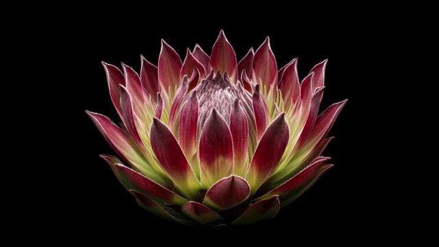 Cinematic single object macro flower dark background shows protea blossom bloom with dramatic petal detail and soft light creating elegant art focus and nature mood with moody floral macro background
