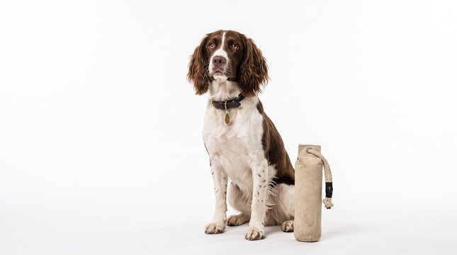 brown and white english springer spaniel dog sitting next to a training dummy toy