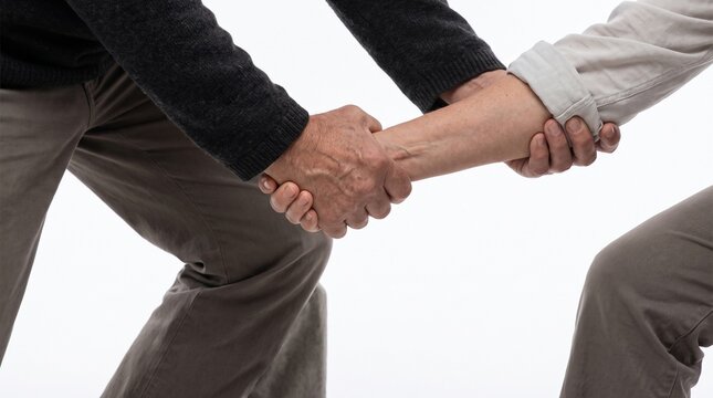 Two people helping each other by grasping hands and arms in a supportive gesture against a white background