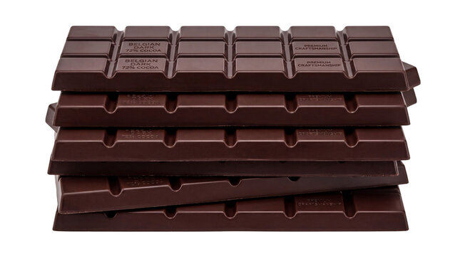 Stack of dark chocolate bars on black png isolated on transparent background