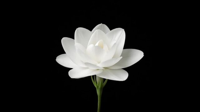 Cinematic single white flower lotus object macro against black background minimal style with copy space clean background bloom feels calm and elegant detail focus purity nature plant stem soft