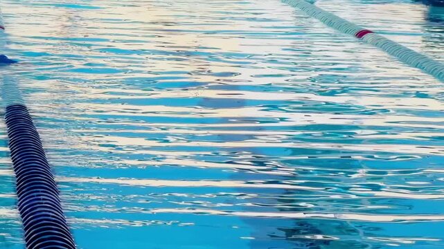 High angle full frame shot of rippling blue water in an outdoor swimming pool lane framed by plastic float dividers.