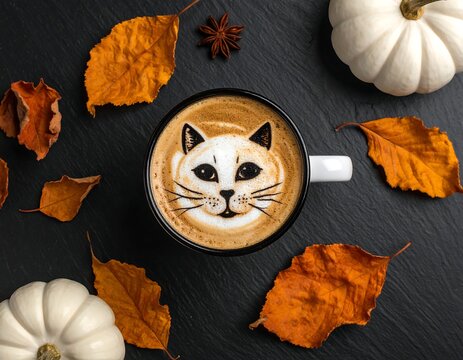 Halloween Coffee Mug With Cute Cat Face Latte Art On Rustic Table