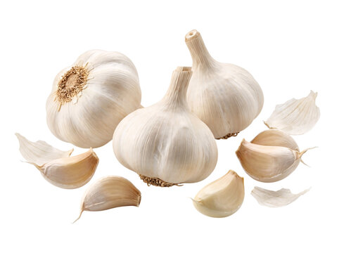 Three whole garlic bulbs and loose png isolated on transparent background