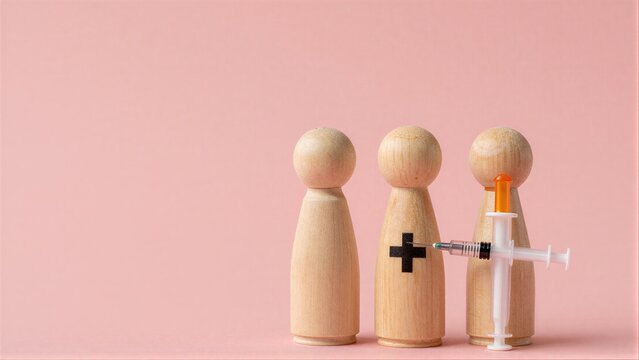 Wooden figures with syringe, one marked with a cross, symbolizing healthcare and vaccination.