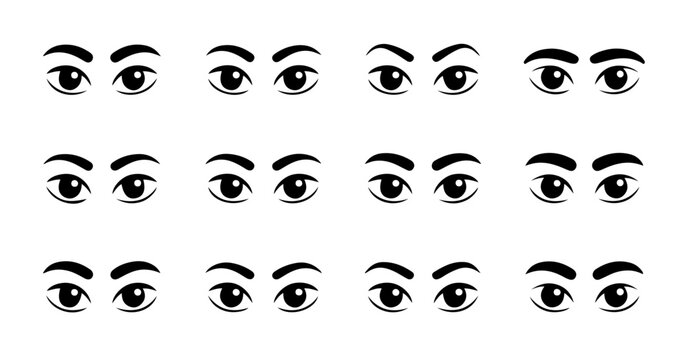 Cartoon eye pairs with eyebrows collection displaying diverse human emotional expressions.