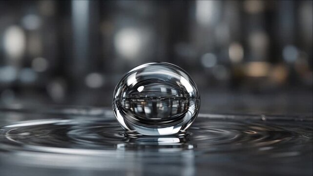 Cinematic macro single object glass sphere and silver bubble ball on reflective water surface background with abstract futuristic mood serene depth gentle ripple pattern calm minimal design