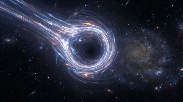 Wormhole tunnel space warp cosmic energy swirl near spiral galaxy deep universe starfield light trail abstract swirl cosmic vortex black hole gravity wave spiral galaxy deep universe starfield light