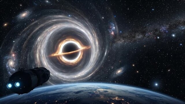 Cosmic wormhole tunnel in deep space black hole galaxy starfield planet horizon with spaceship glow swirl, orbiting star and planet in vast universe awe inspiring view