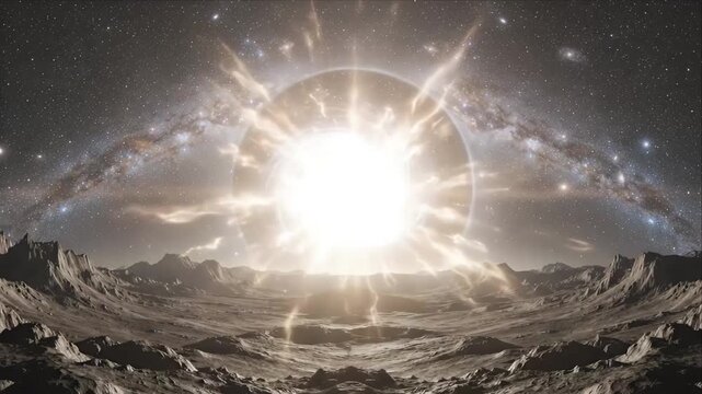 Cosmic wormhole tunnel space portal over alien landscape galaxy horizon bright light energy beam sci fi fantasy scene mystical night sky starfield universe glow mysterious explosion