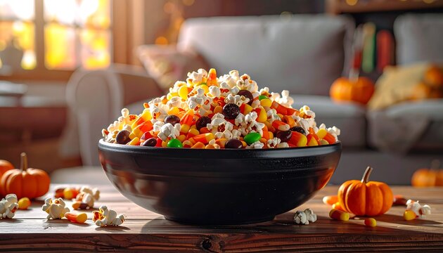 Crisp Salted Popcorn In A Dark Ceramic Bowl On Wooden Table
