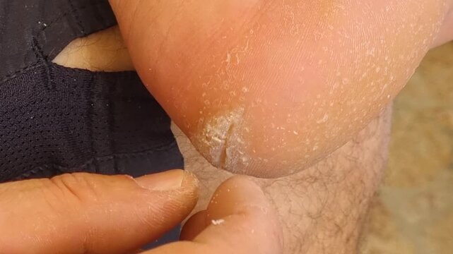 Close-up of a man&rsquo;s heel with dry, hardened skin and a small cut as his fingers scratch and remove dead skin and calluses, highlighting foot care and skin irritation