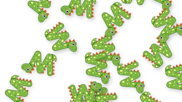 Animated Green Dinosaur Letter M Objects Falling on White Background