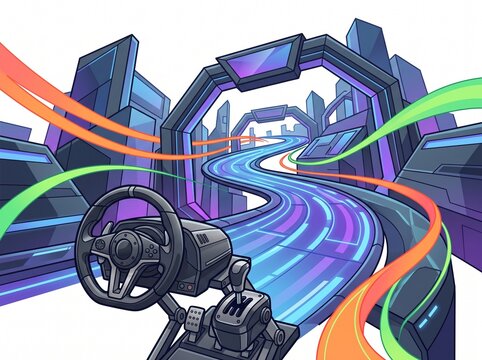 Futuristic Car Racing Simulator with Steering Wheel Gear Shifter and Neon Winding Track in Sci-Fi City