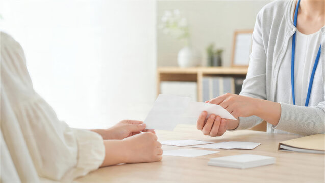 支援者と女性が相談書類を整理する場面