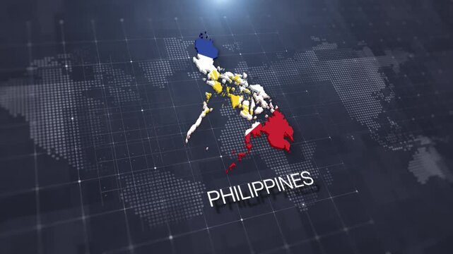Philippines map with national flag on digital world map background, geographic border, global political and international news concept