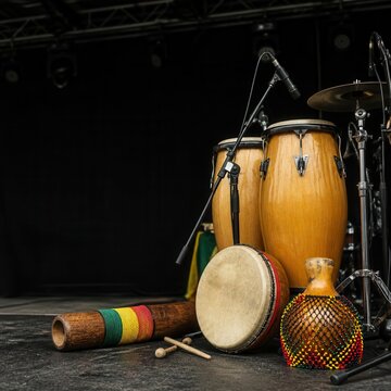 Percussion instruments, including congas, a djembe, a shekere, and a didgeridoo, are arranged on a stage under theatrical lighting, ready for a lively musical performance showcasing rhythmic