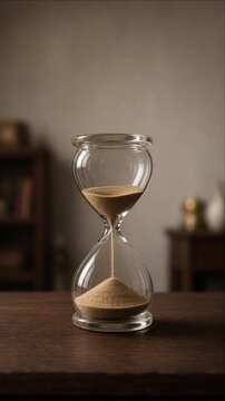 Cinematic macro vintage hourglass sand timer single glass object on wooden table with soft warm light blurred background interior decor symbol of flowing time patience mindfulness calm