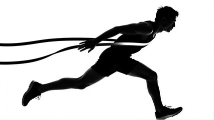 Fototapeta premium Silhouette of athlete sprinting with rope, dynamic motion captured in stark black and white.