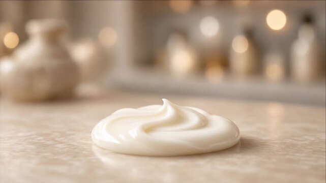 Cinematic macro single object cream swirl marble background glow bokeh luxury skincare texture indulgent softness highlight moisture focus creamy lotion swirl marble surface with soft bokeh light